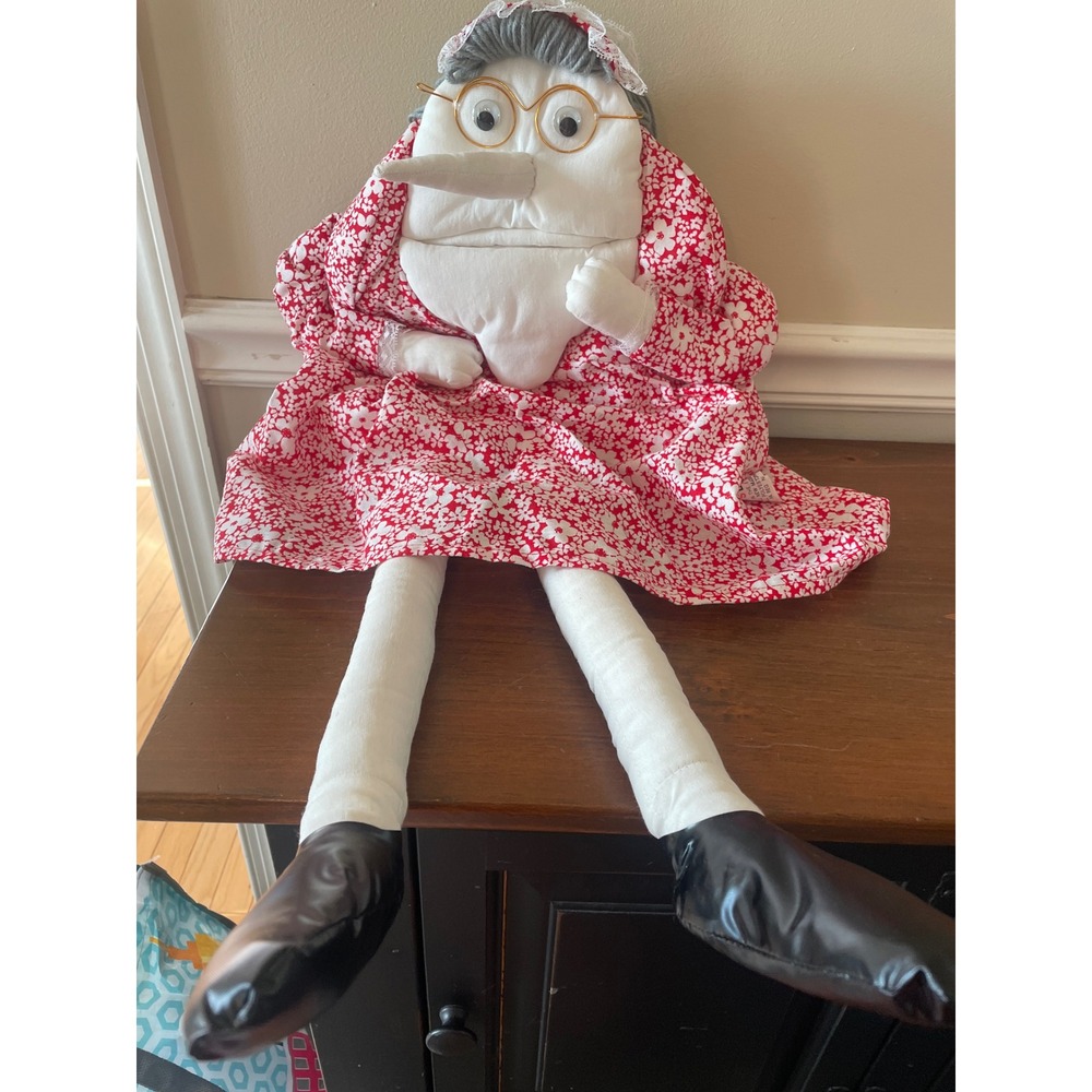 Vintage Alma's Designs Grandmother Long Nose Plush Doll Red Floral Dress Lace